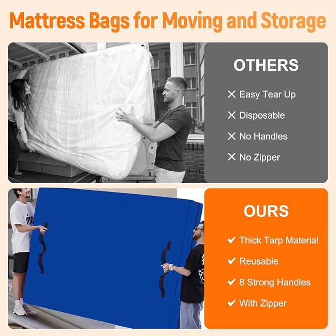 Queen Size Mattress Bags for Moving,Blue Reusable Mattress Cover Storage Bag Moving Supplies with 8 Handles