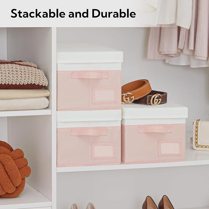 GRANNY SAYS Storage Bins with Lids, Storage Boxes for Organizing, Storage Baskets with Label, Closet Organizers and Storage, Storage Bins for Shelves, Decorative Storage Boxes, 3-Pack, Pink&Ivory