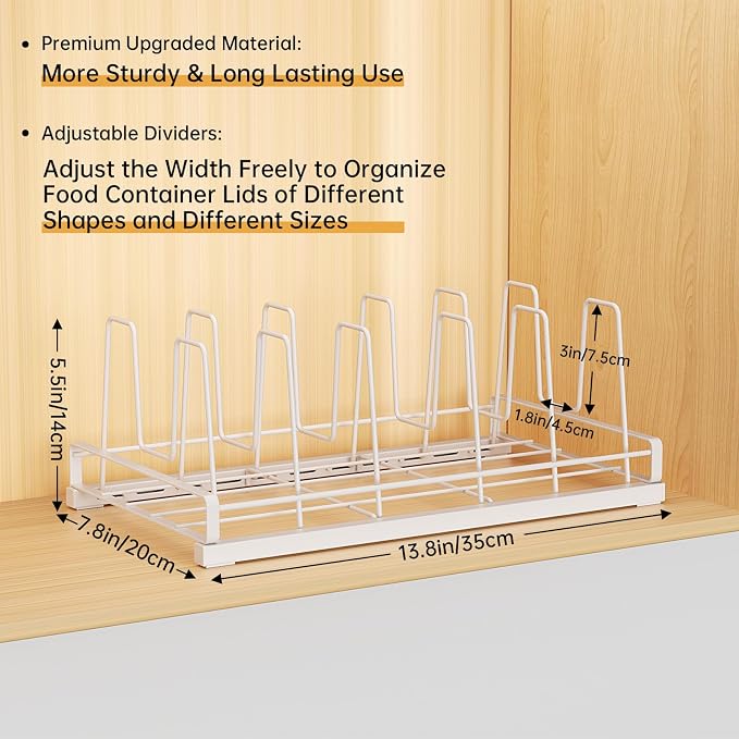 Food Container Lid Organizer for Cabinet with 6 Adjustable Divider | Detachable,Metal Pot Lid Organizer Rack Storage Plastic Lids Pots Bakeware for Cabinets, Cupboards,Pantry, Drawers (White)