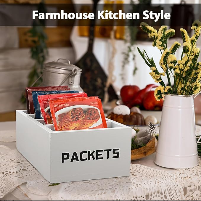 BSTKEY Seasoning Packet Organizer, Food Packet Storage Organizer with 4 Compartments, White Wooden Storage Caddy for Kitchen Pantry Cabinet, Farmhouse Kitchen Organization Bins for Snack Spice Packets