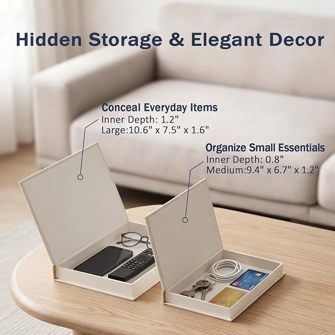 Set of 2 Premium Linen Decorative Books with Hidden Storage - Stackable Faux Book Box for Coffee Table Styling & Organization, Real Fabric Cover Fake Books as Display Riser for Shelf & Entryway