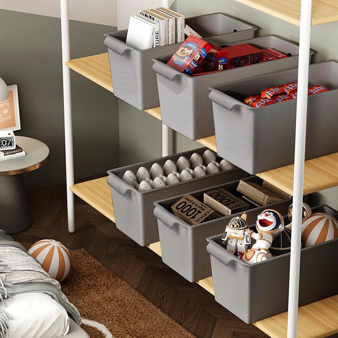 Plastic Storage Bins 6 Pack, Front Handle Design, 11"x5" Pantry Organization and Storage Open Top Baskets for Shelves Closet Cabinet Sink Counter Cupboard Drawer Rridge (Gray)