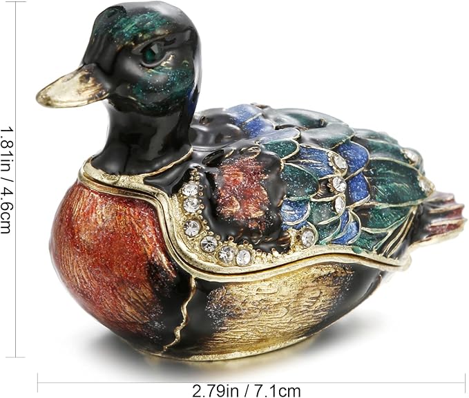 Hand Painted Enamel Duck Trinket Box for Home Decor, Hinged Jewelry Organizer for Ring Earrings, Unique Figurine Keepsake Collectible Personalized Elegant Handmade Ornament Gifts (Green Duck)