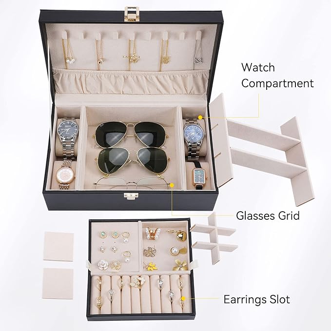 LANDICI Jewelry Box Organizer for Men Women, 2 Layer 4 Slot Watch Storage Case with Removable Tray, PU Leather Large Jewellery Holder Display for Watches Sunglasses Rings Earrings Necklace, Black