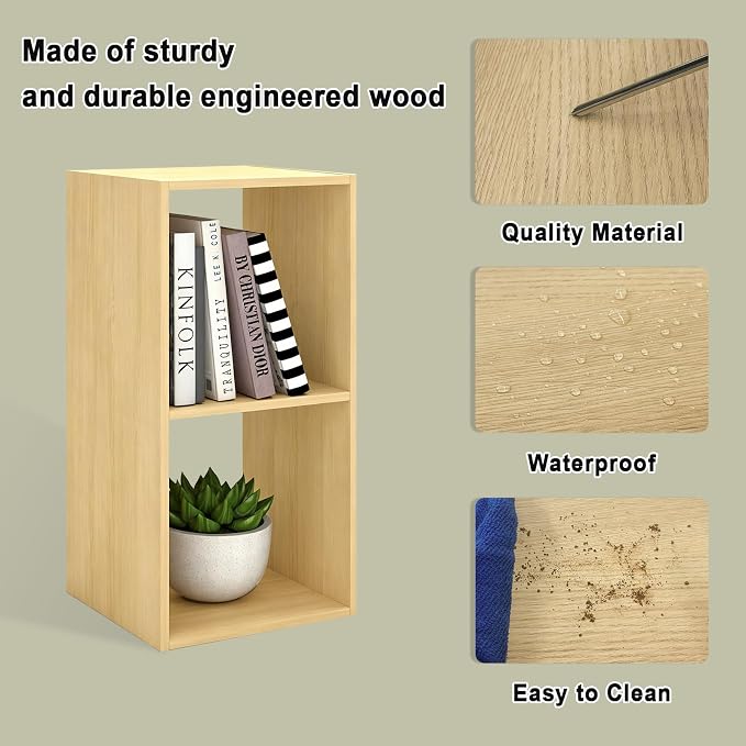 2 Cube Shelf Bookcase, Oak, 11in | Anti-Tipping Kits, Reversible Open Back, Multi Layer Multi Grid Partition Layout