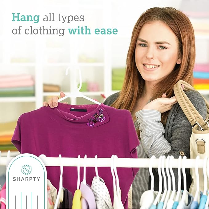 Sharpty Plastic Clothes Hangers - Adult Plastic Hanger - Clothing Hangers - Standard Hangers for Clothes - Space Saving Hangers - Ideal for Shirt, Dresses, Coat Hangers (60-Pack, White)