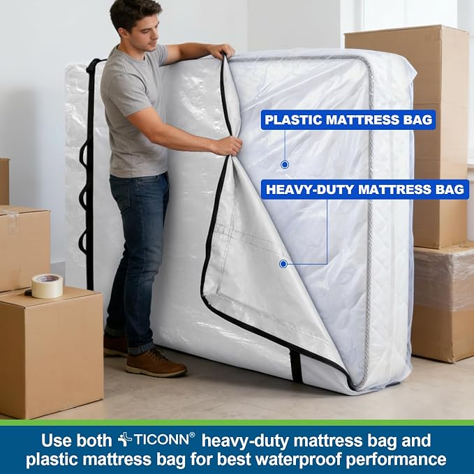 TICONN Mattress Bags for Moving, Heavy Duty Twin Mattress Cover Storage Bag with Full-Around Handle and Adjustable Buckles (Clear, Twin)