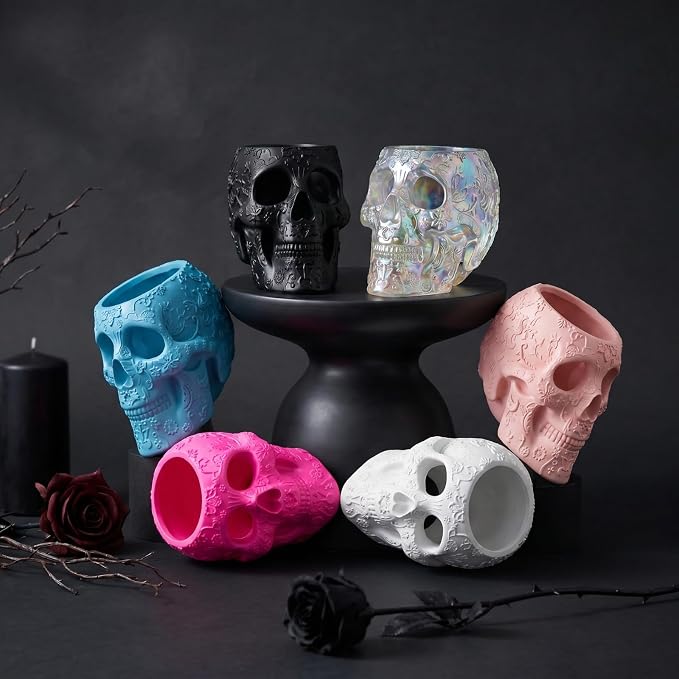Skull Makeup Brush Holder, Pen Holder, Vanity, Desk, Office Organizer, Stationary, Decor Planter, Candy Bowl, Goth Decorations, Extra Large, Skulls Gothic Skull & Bones Organizer Bathroom (Blue)