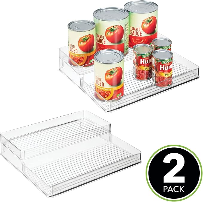 mDesign Plastic Kitchen Food Storage Organizer Shelves, Spice Rack Holder for Cabinet, Cupboard, Countertop, Pantry - Holds Jars, Baking Supplies, Canned Food - 2 Levels - 2 Pack - Clear