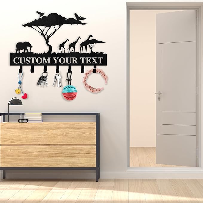 Dyoart Personalized Key Holder for Wall | Custom Name Metal Cabin Key Hooks | Coat Hook Key Rack Wall Mount | Metal Wall Key Holder | Animal Theme African Art Decor for Living Room Hallway Office