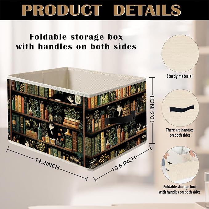 Tuxedo Cat Book Storage Bin Box with Handles, Book Reading Lover Decor and Gifts, Bookish Foldable Organizer Basket Toybox for Reading Corner Nook Library Home Books