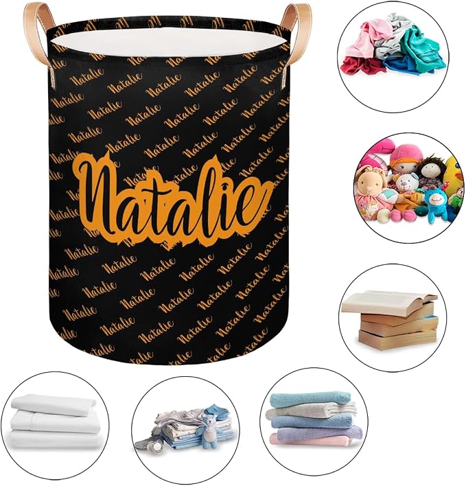 Personalized Laundry Basket, Custom Gift Laundry Hamper, Collapsible Nursery Waterproof Laundry Baskets, Dirty Clothes Toy Hamper with Handles Name Black Orange