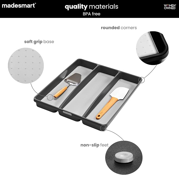madesmart Classic Utensil Tray - Granite | CLASSIC COLLECTION | 3-Compartments | Kitchen Organizer | Non-slip Lining and Rubber Feet | Easy to Clean | BPA-Free Large
