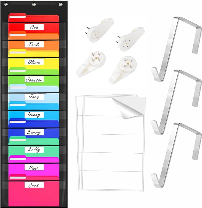 Storage Pocket Chart,Heavy Duty Wall File Organization Folder with 10 Clear File Pockets, 10 Blank Name Stickers Plus 3 Metal Hangers & 4 Hooks for Files, Bills, Classroom & Office (Black, 14” X 47”)