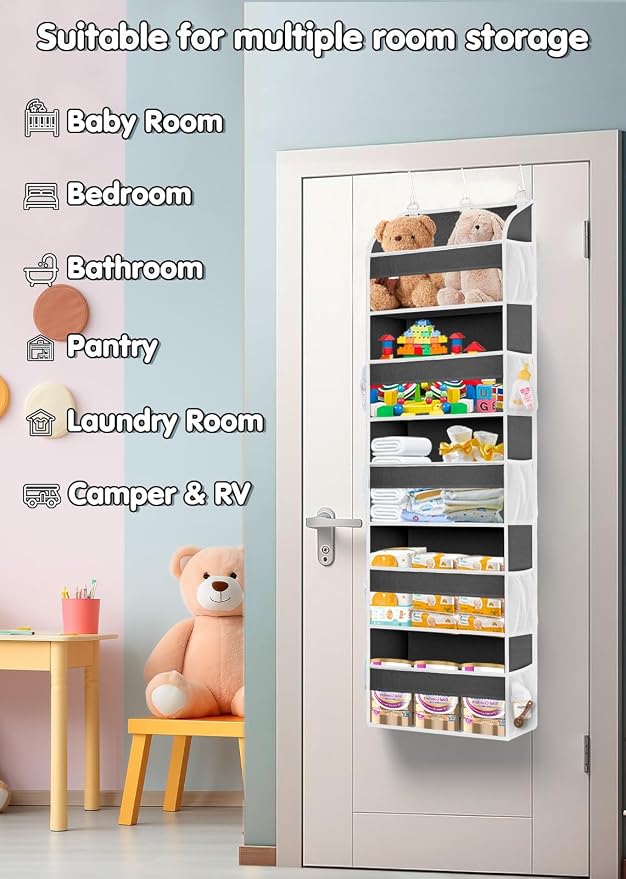 TAHAVICE Over the Door Organizer Storage, 5 Large & 10 Mesh Pockets | Hanging Organizer Closet College Dorm Essentials for Girls, Storage for Dorm Organization, Nursery & Bedroom (Dark Grey)