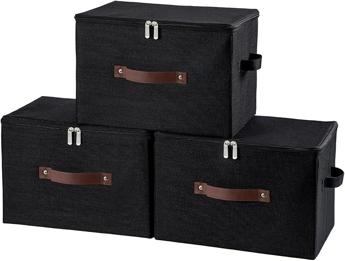3 Pack Storage Bins with Zipper Lid Fabric Lidded Storage Boxes Baskets Cubes Washable Collapsible PU Leather Handle Cotton Linen Fabric Shelf Closet Organizer Container(Black, Large Size)