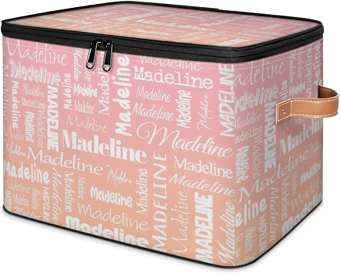 Custom Storage Basket with Name, Personalized Keepsake Box with Zipper Lid, Foldable Fabric Memory Bin Large capacity with Handle Pink Orange