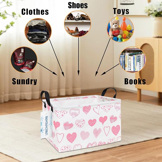 Rectangular Collapsible Angel Heart Storage Basket Nursery Toy Organizer | Storage Bin Foldable Canvas with Handles for Organizing Home Kitchen Children Toys Office Closet Shelf Baskets