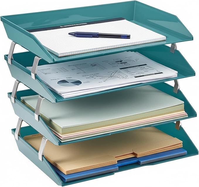 Acrimet 4 Tier Paper Letter Tray Side Load Letter Size, Office Desk File Document Organizer Plastic (Solid Green)