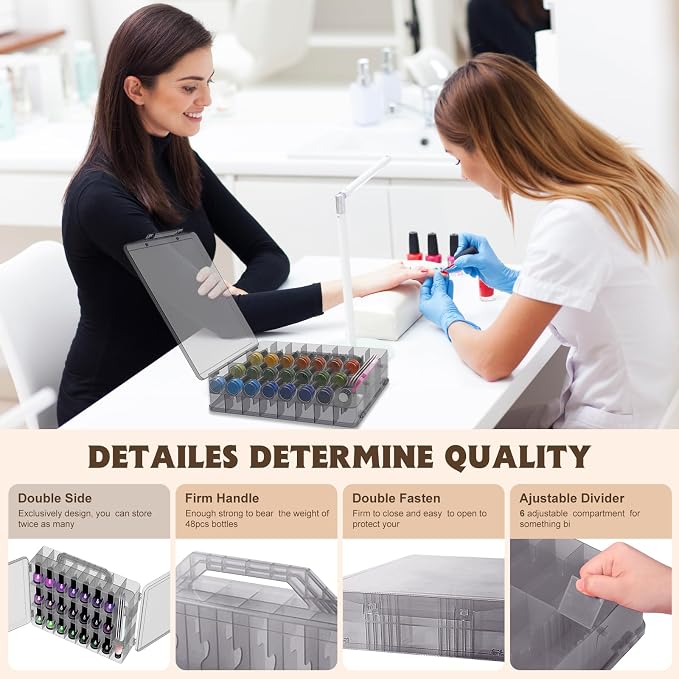 SUBAY 2 Pcs Portable Nail Polish Organizer, Clear Double Side Nail Polish Holder,Gel Nail Storage for 48 Bottles with 6 Adjustable Dividers in Each Side Space Saver Grey