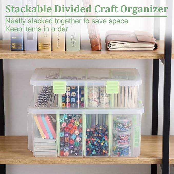 BTSKY Clear Plastic Dividing Storage Box with 4 Deep Compartments Adjustable Storage Bin with Lid Portable Craft Container Multipurpose Sewing Box Art Supply Organizer, 13.9x7.9x6.2 Inches, Green