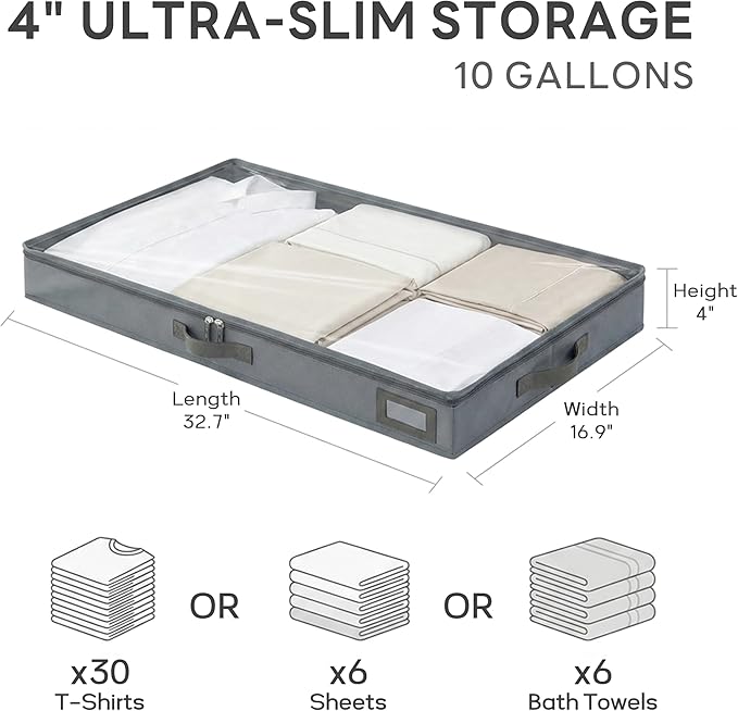 4" Low Profile Under Bed Storage Bins (3-Pack, Grey), Slim 600D Oxford Fabric Clothes Organizer Box with Reinforced Leather Handles, Sturdy Clear Lid