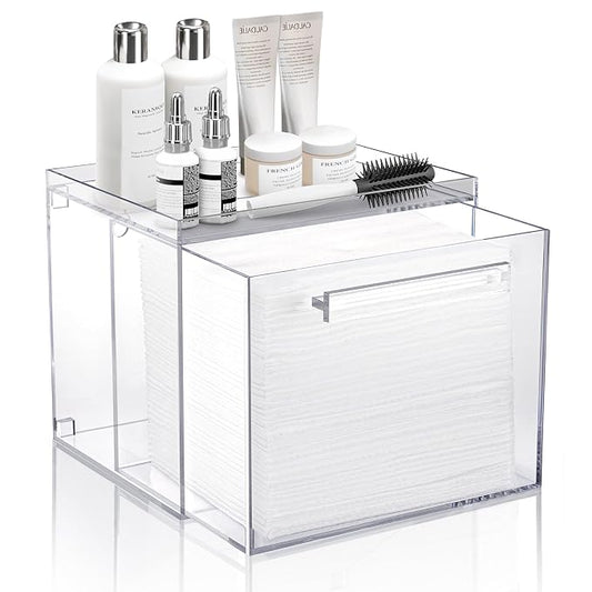 Acrylic Disposable Facial Towels Holder, Wall-Mounted, Clear | Premium Thicken Acrylic | Compatible with Clean Skin Club Towel XL | Skin Care Organizer with Drawer | Bathroom Vanity