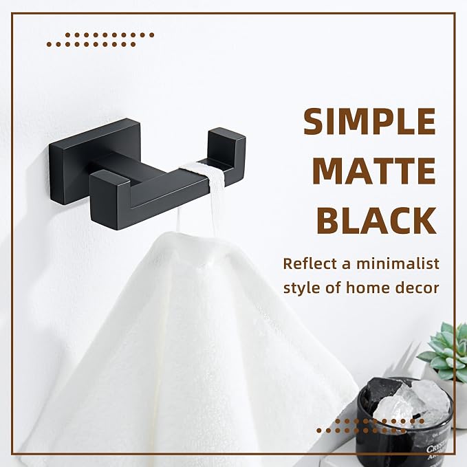 APLusee Double Robe Towel Hook, 304 Stainless Steel Square Dual Coat Hook, Utility Bath Kitchen Storage Hanger Holder, Matte Black