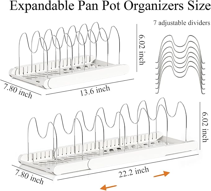 Pot Rack : Pots and Pans Organizer Under Cabinet 7 Adjustable Compartment Expandable Pot Lid Holder for Kitchen Cookware, Bakeware, Lid, Dishes, Cutting Boards,Black
