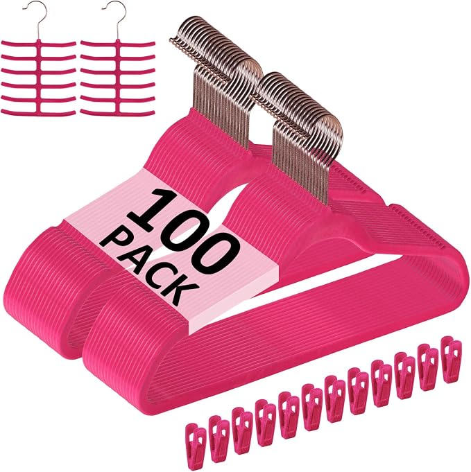 VECELO Premium Velvet Clothes Hangers Suit Heavy Duty (100 Pack)-Non Slip & Space-Saving with 12 Finger Clips & 2Tie Rack Excellent for Men and Women,Rose