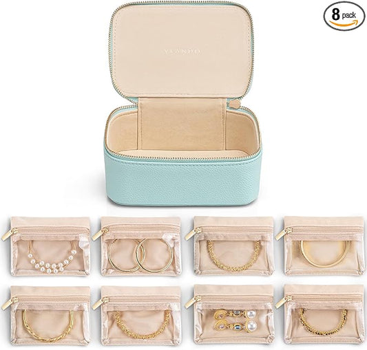 VLANDO Jewelry Travel Organizer with 8 Velvet Jewelry Bags Travel Jewelry Storage Box Jewelry Case for Necklace Rings Earrings Trendy Christmas Birthday Graduate Gifts for Women-Lake Blue