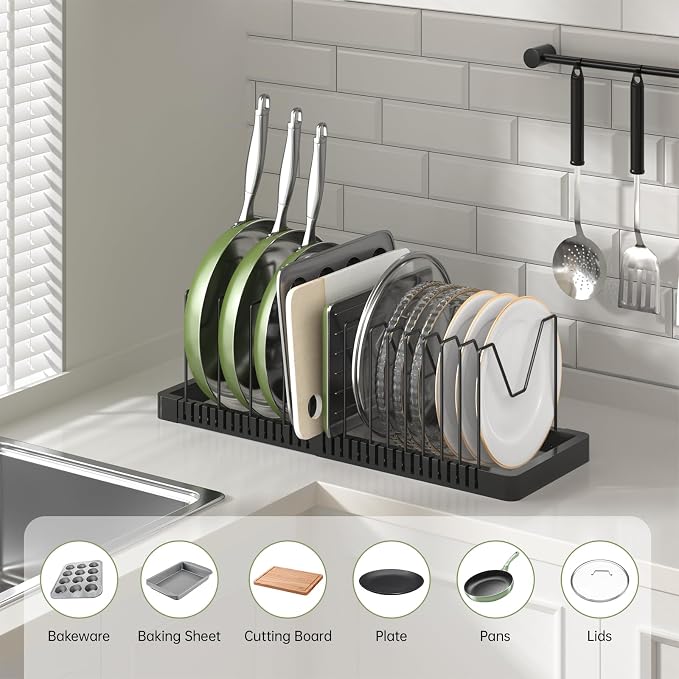 PanPanPal Pots and Pans Organizer under Cabinet, Expandable Pot Lid Organizer Holder with 14 Adjustable Compartment, Pan Organizers inside Cabinet for Lids, Bakeware, Kitchen Storage Pot Rack, Black