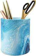 Marble Pen Holder for Desk, Pencil Organizer Office Decor, Large Makeup Brush Holder Pu Leather Multi-Functional Organizer Cup for Office, Home, Classroom, Blue Marble