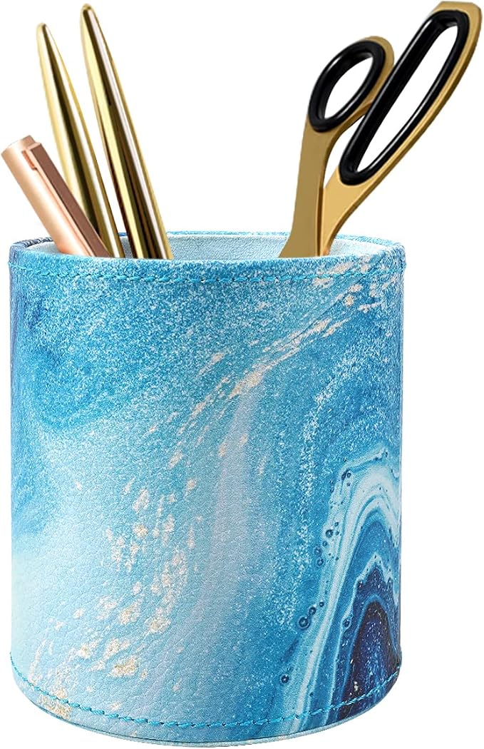 Marble Pen Holder for Desk, Pencil Organizer Office Decor, Large Makeup Brush Holder Pu Leather Multi-Functional Organizer Cup for Office, Home, Classroom, Blue Marble