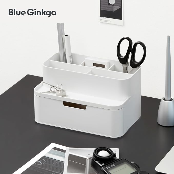BLUE GINKGO Compact Desk Organizer – Small 5-Compartment, Half Drawer Storage – Pen Holder, Stationery Organizer for Desktop, Vanity, Shelf (Made in Korea, White)