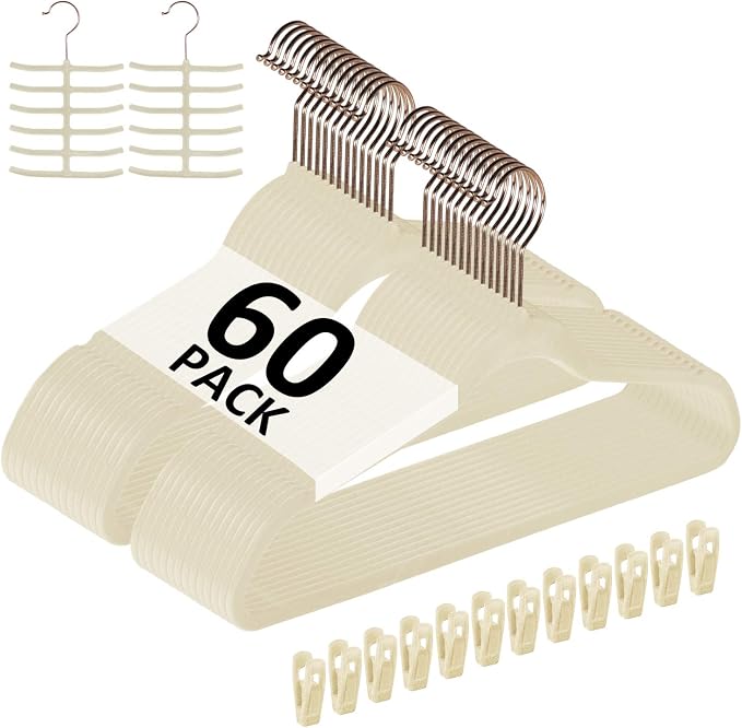VECELO Premium Velvet Clothes Hangers Suit Heavy Duty (60 Pack)-Non Slip & Space-Saving with 8 Finger Clips & Tie Rack Excellent for Men and Women,Beige