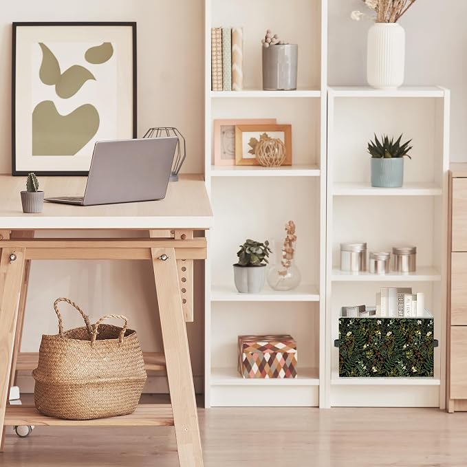 Dark Green Floral Botanical Storage Bin Box with Handles, Rustic Cottagecore Flower Fern Plant Foldable Organizer Basket Toybox for Home Bedroom Bathroom Clothes Toys Books