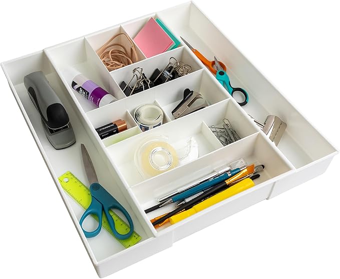 Dial Industries Expandable Junk Drawer Desk Organizer Storage Tray | Adjusts to fit narrow or wide drawers, Keeps pens, tools and small items separated, Great for desks, offices or kitchens