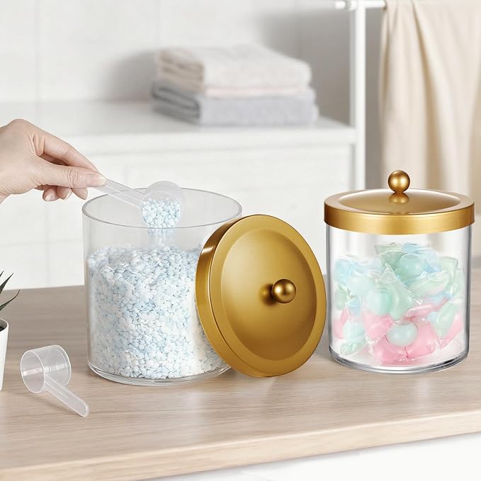 Amolliar 50 Oz Apothecary Jar - 2 Pack Clear Container with Stainless Steel Lid, Plastic Jar for Laundry Room Organization & Pods Storage, Bathroom Vanity Organizer, Kitchen Countertop Decor (Gold)