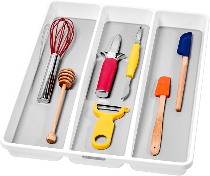 madesmart 3 Compartment Premium Utensil Tray, Multi Purpose Storage Organizer, Non Slip Lining, Deep Storage for Ladles, Whisks & Serving Tools, for Drawers & Home Organization, White