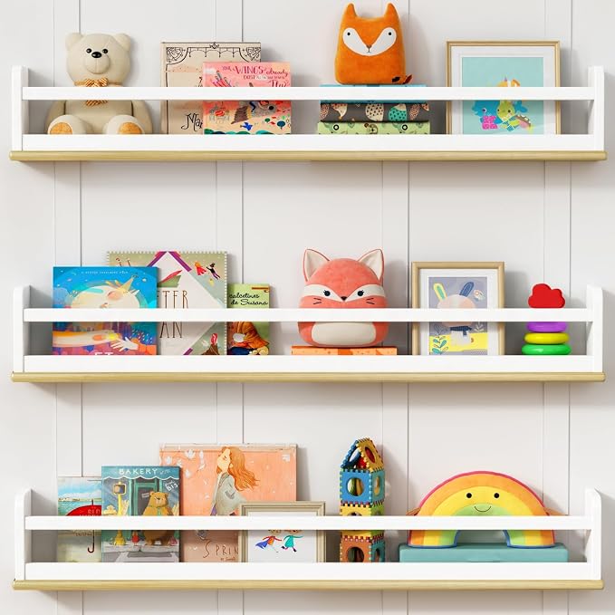 Harwaya Kids Bookshelf Wall Mounted 36 Inch Long, White and Natural Wood Nursery Floating Bookshelves for Wall, Large Hanging Book Shelves for Baby Toddler Kid Childs Bedoom Playroom -Set of 3