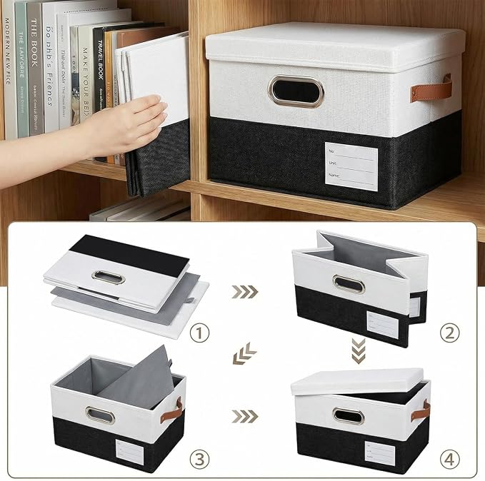 PRANDOM Storage Bins with Lids [3-Pack] Linen Fabric Foldable Storage Boxes Organizer Containers Baskets Cube with Cover for Bedroom Closet Office Black & White（11.4X8.6X6.7