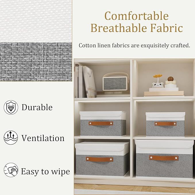 OUTBROS Storage Bins with Lids, White/Grey, 5 Pack 10.2 x 7.9 x 6.7in | Collapsible Storage Boxes, Cotton and linen cloth Storage Baskets with Handle, for Books, Closet