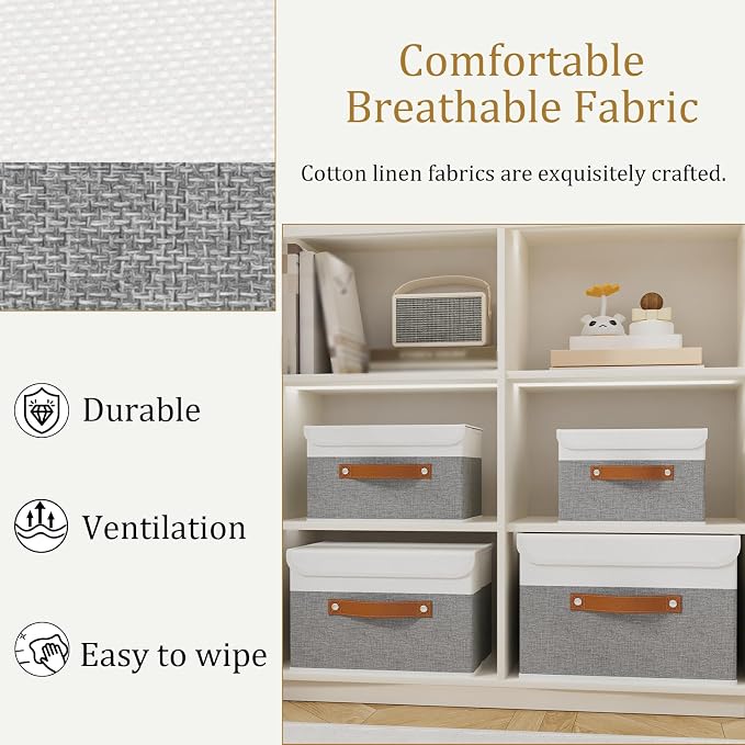 OUTBROS Storage Bins with Lids, White/Grey, 3 Pack 10.2 x 7.9 x 6.7in | Collapsible Storage Boxes, Cotton and linen cloth Storage Baskets with Handle, for Books, Closet