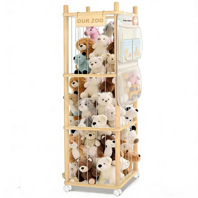 Large Stuffed Animal Storage, Wood Stuffed Animal Zoo with Brake Wheels and Hanging Storage Net, Space Save Toy Organizer, Large Capacity Stuffed Animal Holder, Perfect for Nursery Playroom Kidroom