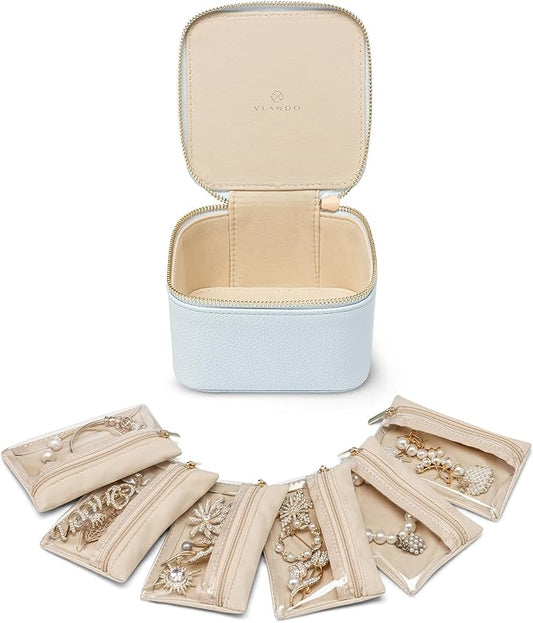 VLANDO Jewelry Travel Case,Travel Jewelry Organizer with Clear Velvet Jewelry Bags 6Pcs Zipper Pouch for Women Wedding,Birthday Gift-Baby Blue