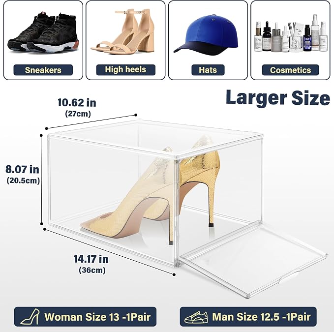 1 Pack Clear Shoe Boxes with Acrylic Drop Front Magnetic Door, Stackable Size 12 Shoe Organizer for Sneaker Collection, Space-Saving Plastic Shoe Storage Box for Closet, Entryway, Bedroom