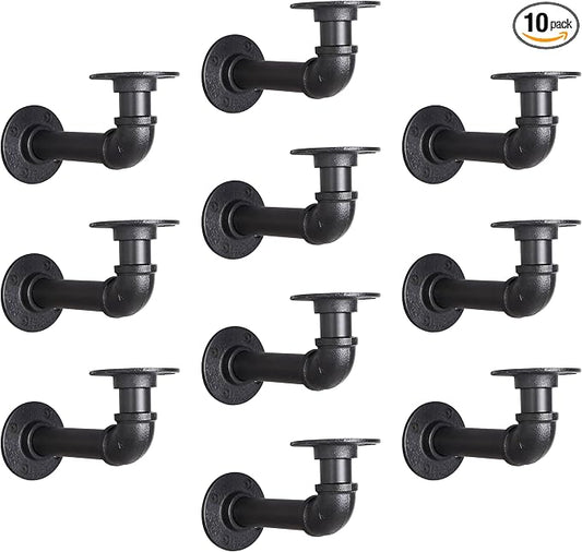 Industrial L Pipe Shelf Brackets for 10-20 in Depth Wood Heavy-Duty 3/4" Iron,Wall Mount Floating Shelf Bracket L Metal Pipe Shelving Brackets for Wood-Black DIY Pipe Shelves(9.4*3.1 Inch 10 Pack)