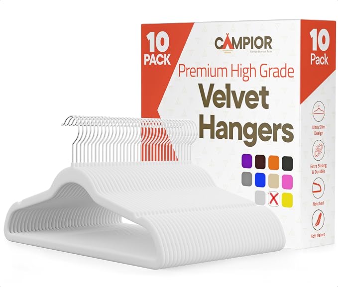 White Velvet Hangers 10 Pack – 360° Swivel Hook, Non-Slip and Space Saving Hangers, Heavy-Duty 11 lbs Weight Capacity - Smooth Velvet Finish for Crease-Free Clothes and Effortless Closet Organization