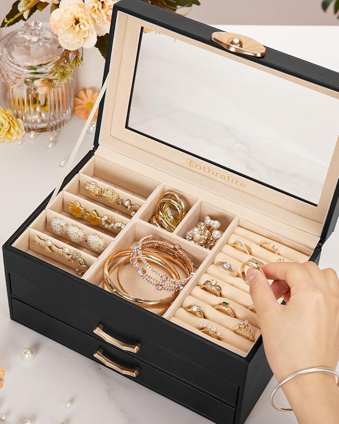 Enthralite Jewelry Box with 2 Drawers : Jewelry Display Organizer for Earrings Necklaces - Gift for Girls Women | Black